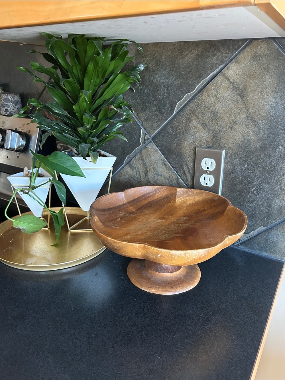 Vintage large Wooden Pedestal Fruit Bowl - Natural Brown 12” wide 6” tall